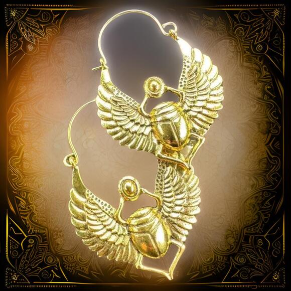 New Gold Egyptian Scarab Beetle Huggie Hoops Dangle Earrings‎ Sterling Metallic - Picture 1 of 2